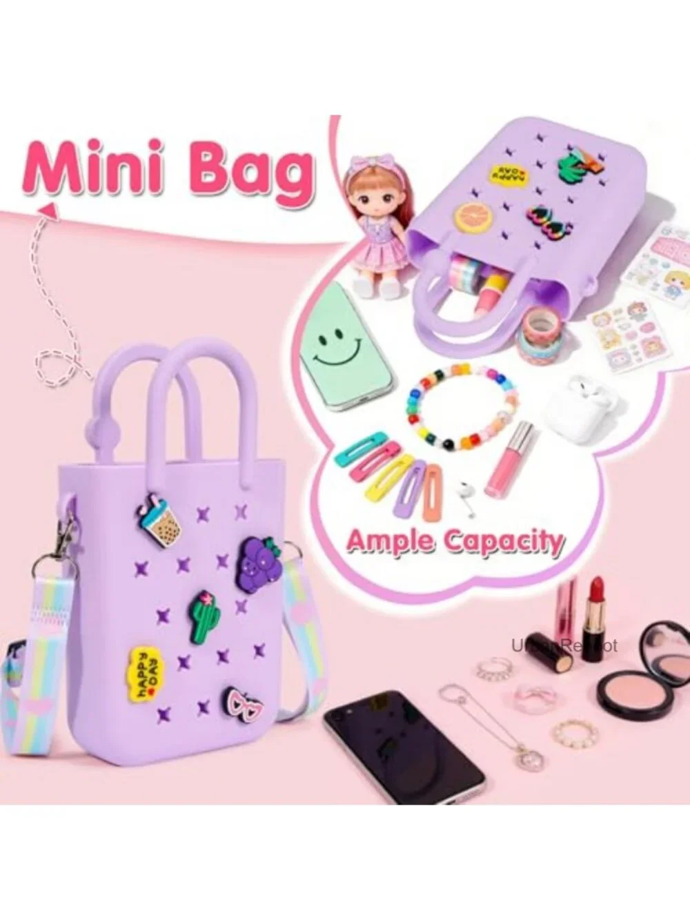 Mini Silicone Tote Bag with 20 Charms Adjustable Strap Beach Tote Girls